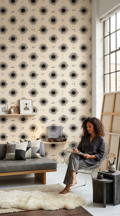 Sunburst Wallpaper Abstract Geometric Removable Black Ink Wall Double Roll