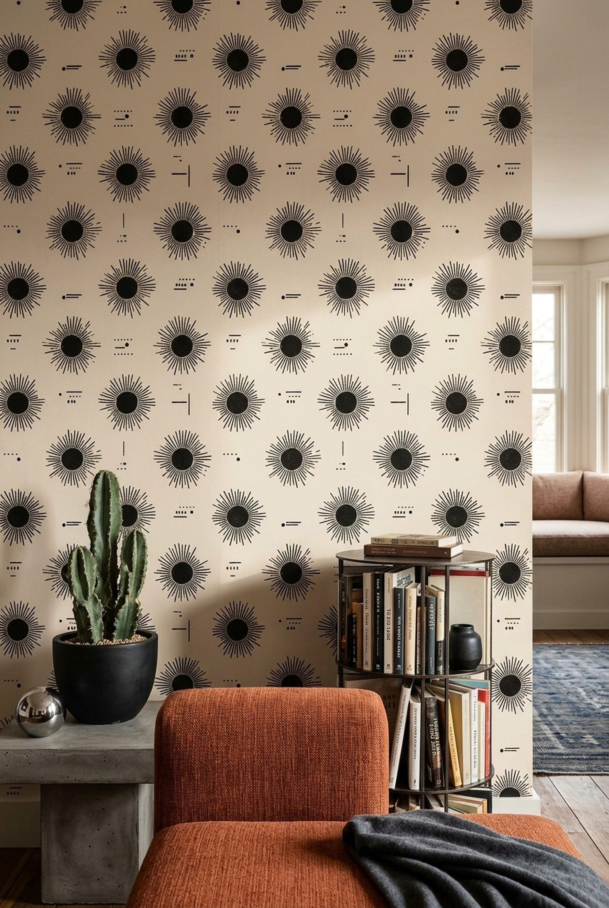 Sunburst Wallpaper Abstract Geometric Removable Black Ink Wall Double Roll
