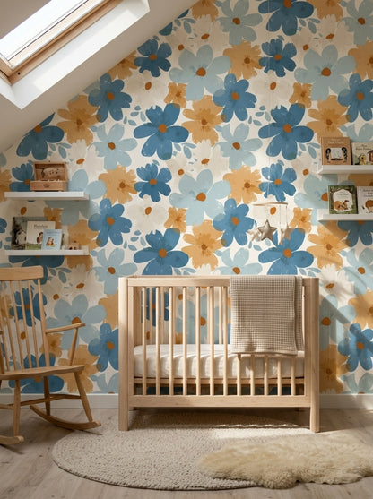 Abstract Floral Wallpaper Oversized Flowers Dusty Blue Removable Wall Decor