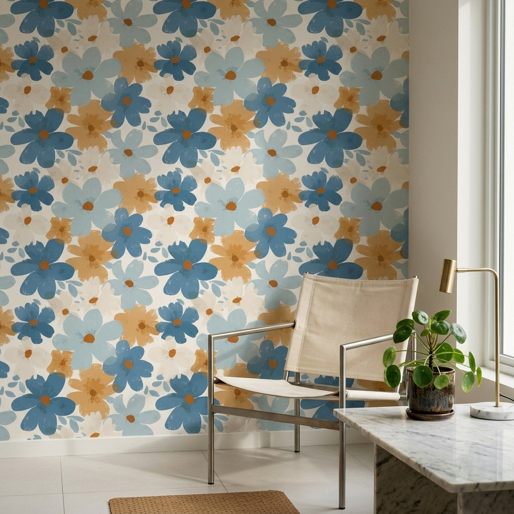 Abstract Floral Wallpaper Oversized Flowers Dusty Blue Removable Wall Decor