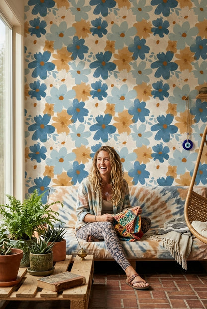 Abstract Floral Wallpaper Oversized Flowers Dusty Blue Removable Wall Decor