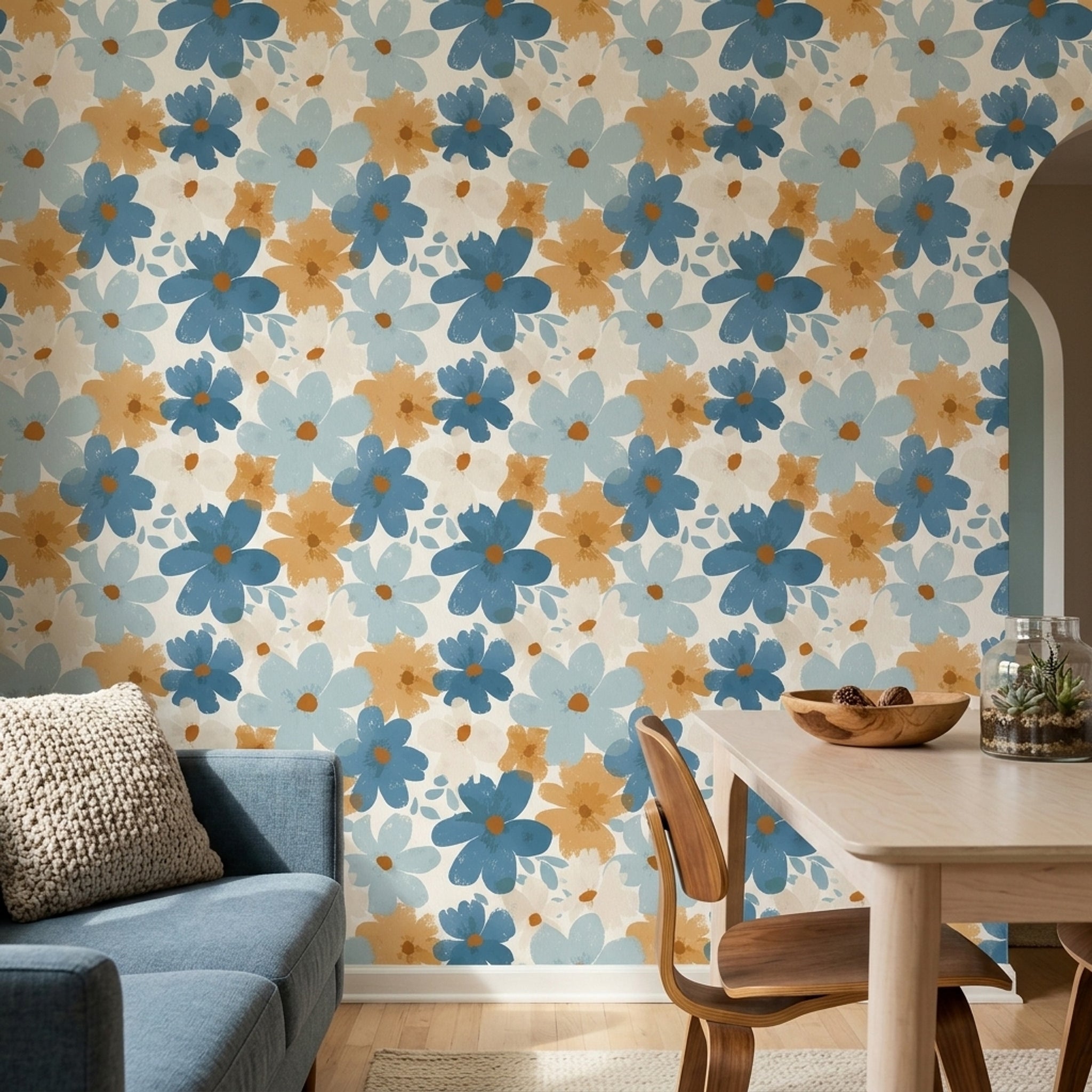 Abstract Floral Wallpaper Oversized Flowers Dusty Blue Removable Wall Decor