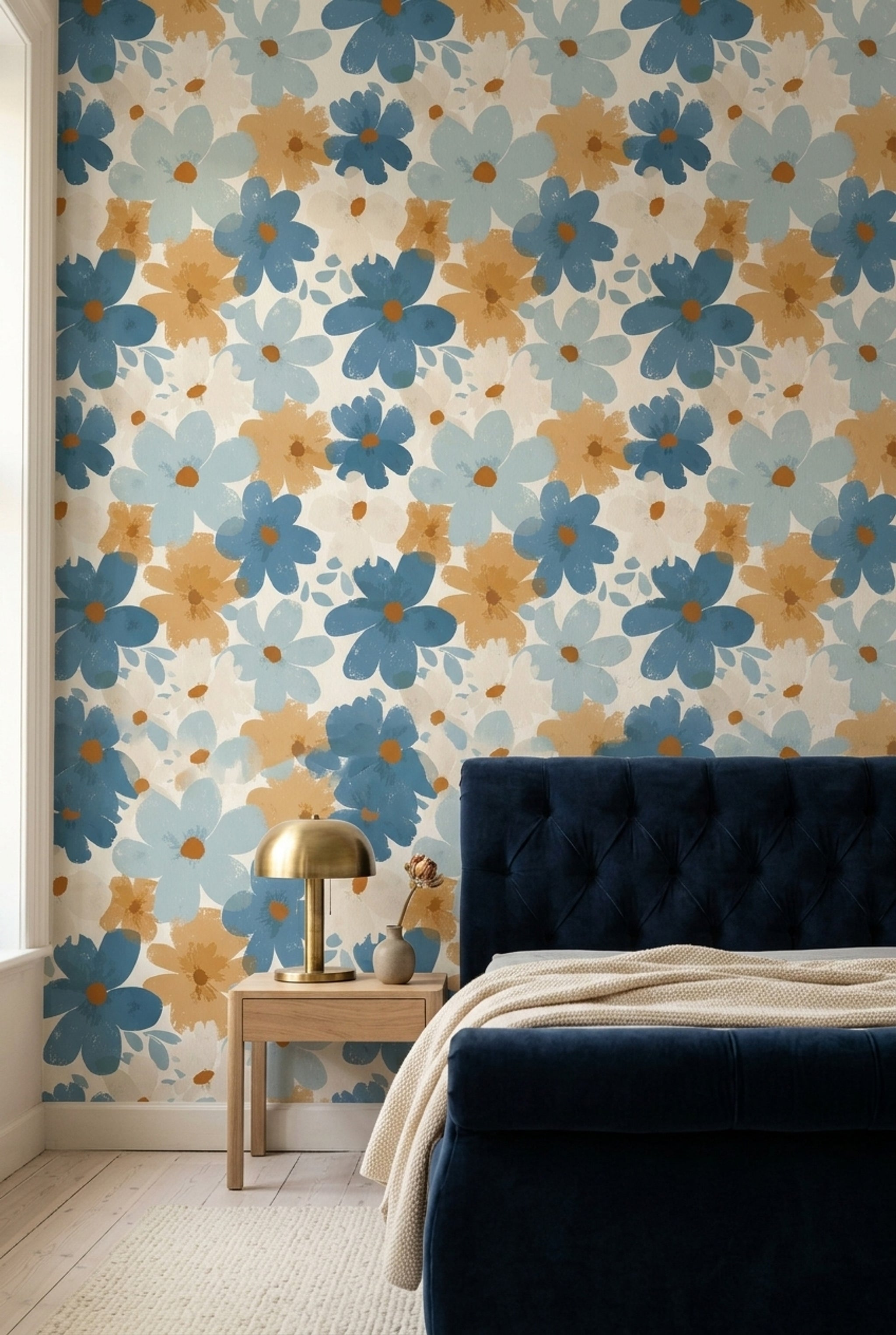 Abstract Floral Wallpaper Oversized Flowers Dusty Blue Removable Wall Decor