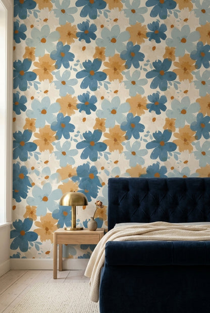 Abstract Floral Wallpaper Oversized Flowers Dusty Blue Removable Wall Decor
