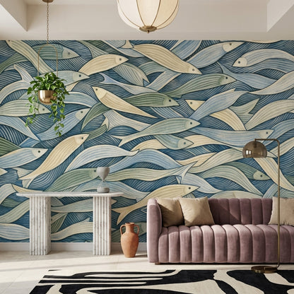 Coastal Wallpaper School Of Fish Removable Ocean Waves Wall Decor