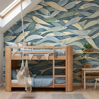 Coastal Wallpaper School Of Fish Removable Ocean Waves Wall Decor