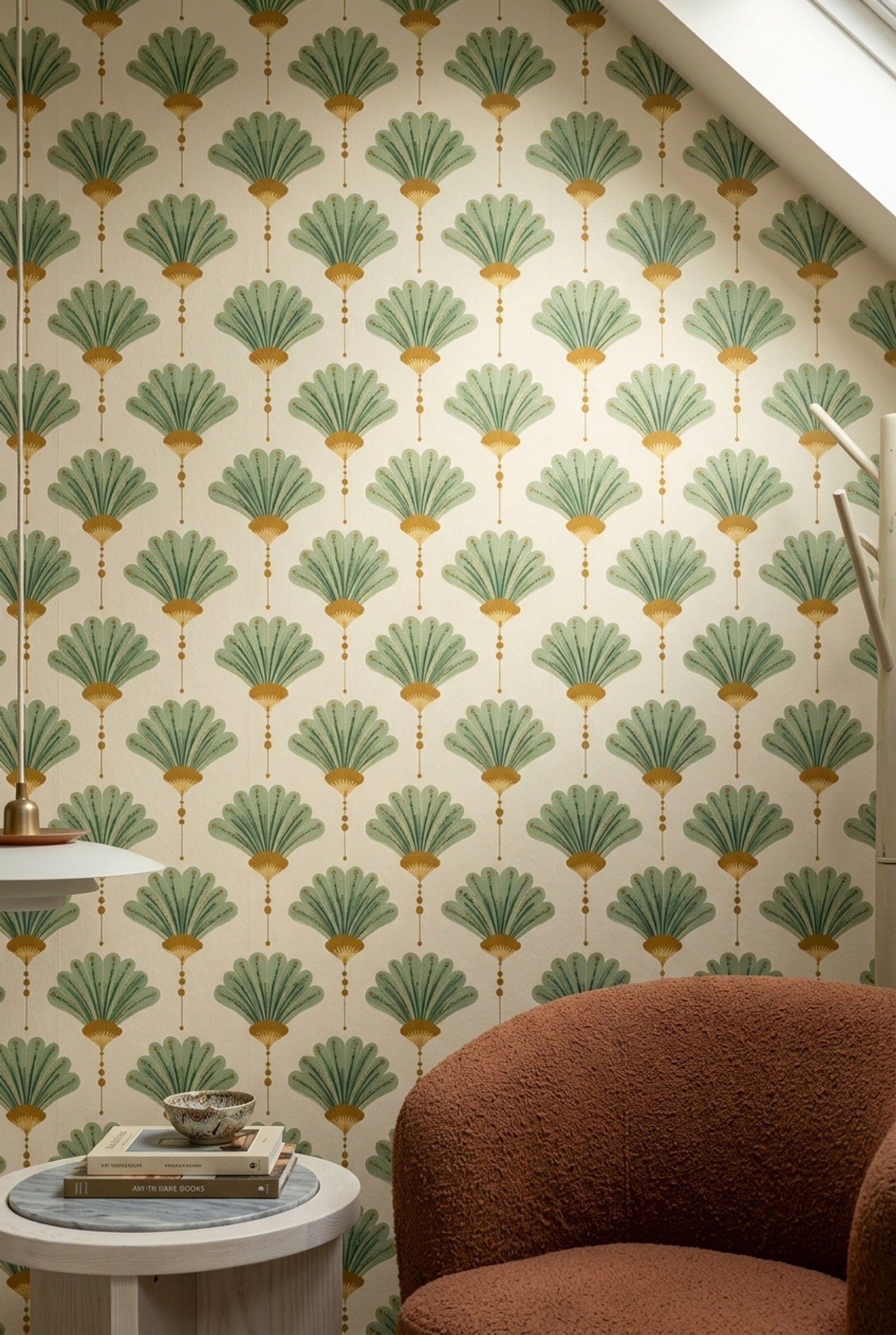 Art Deco Wallpaper Fan Motif Removable Ginkgo Leaves Wall Double Roll