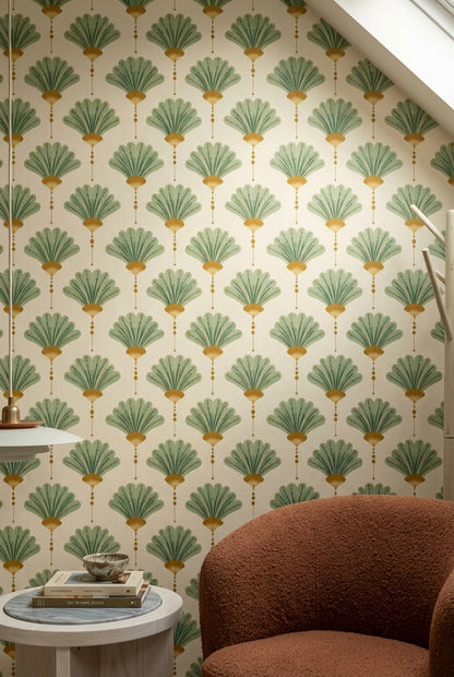 Art Deco Wallpaper Fan Motif Removable Ginkgo Leaves Wall Double Roll