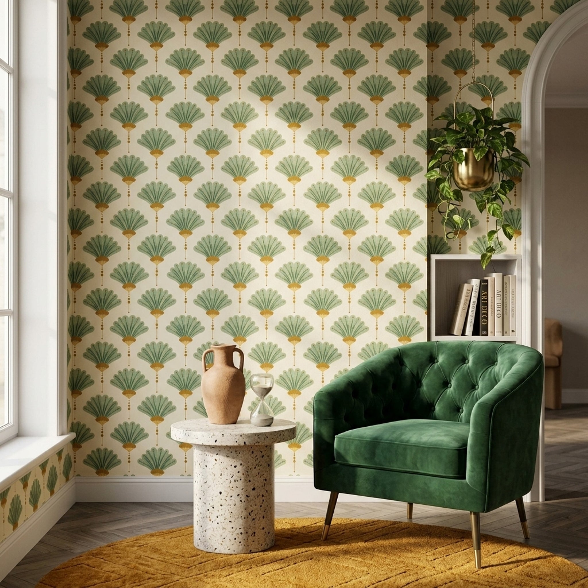 Art Deco Wallpaper Fan Motif Removable Ginkgo Leaves Wall Double Roll
