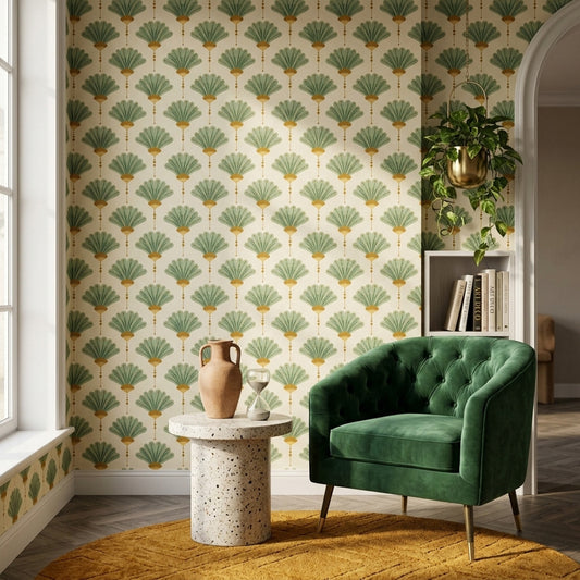 Art Deco Wallpaper Fan Motif Removable Ginkgo Leaves Wall Double Roll
