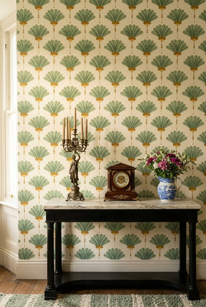 Art Deco Wallpaper Fan Motif Removable Ginkgo Leaves Wall Double Roll