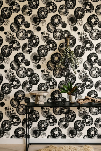 Concentric Circles Wallpaper Brushstroke Ink Stamp Removable Wall Decor