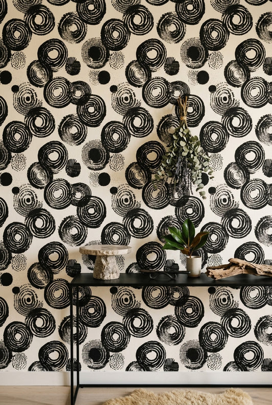 Concentric Circles Wallpaper Brushstroke Ink Stamp Removable Wall Decor