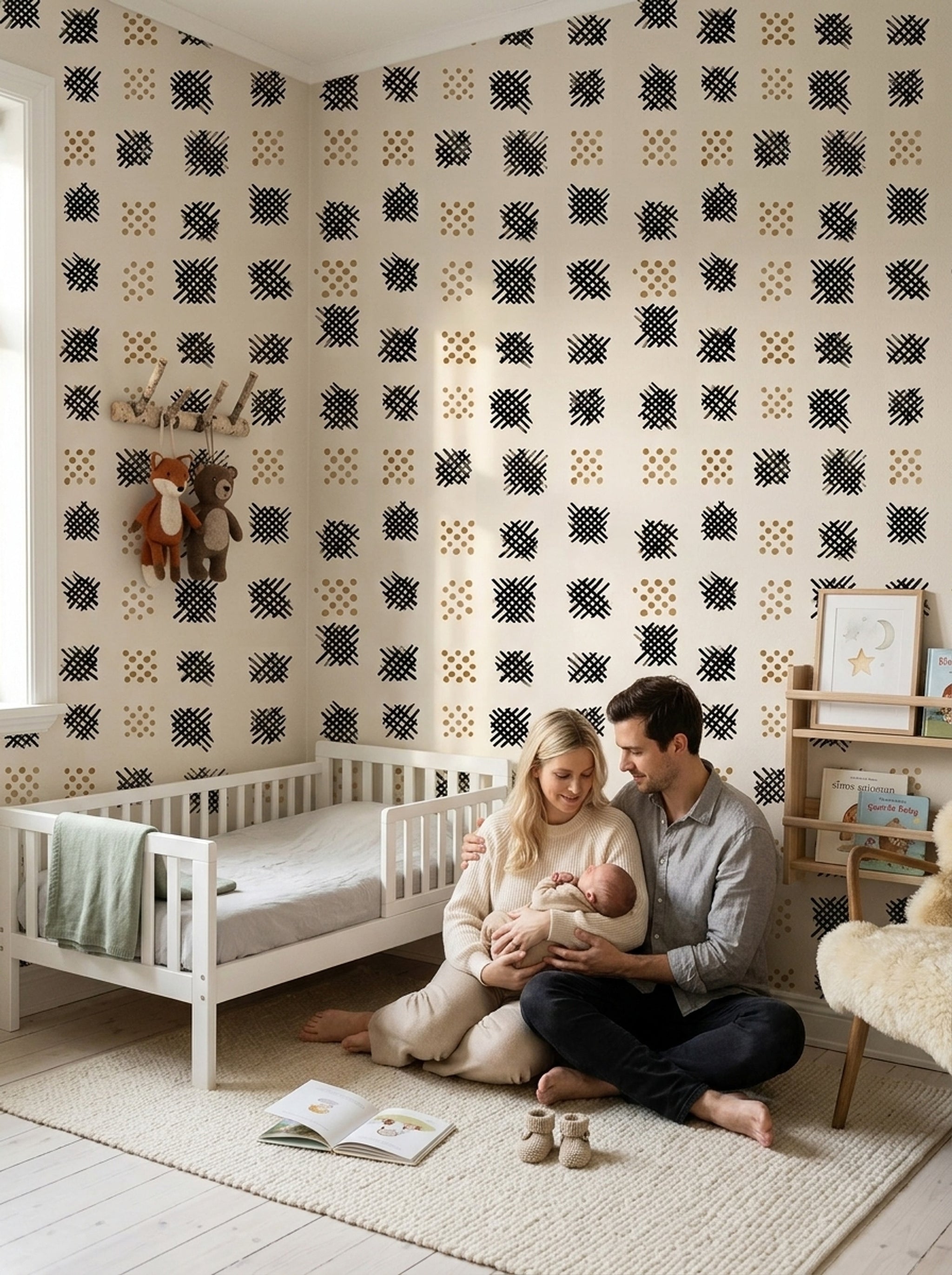 Abstract Geometric Wallpaper Hand Painted Black Crosshatch Removable Wall Decor