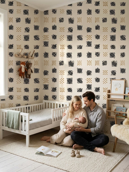 Abstract Geometric Wallpaper Hand Painted Black Crosshatch Removable Wall Decor