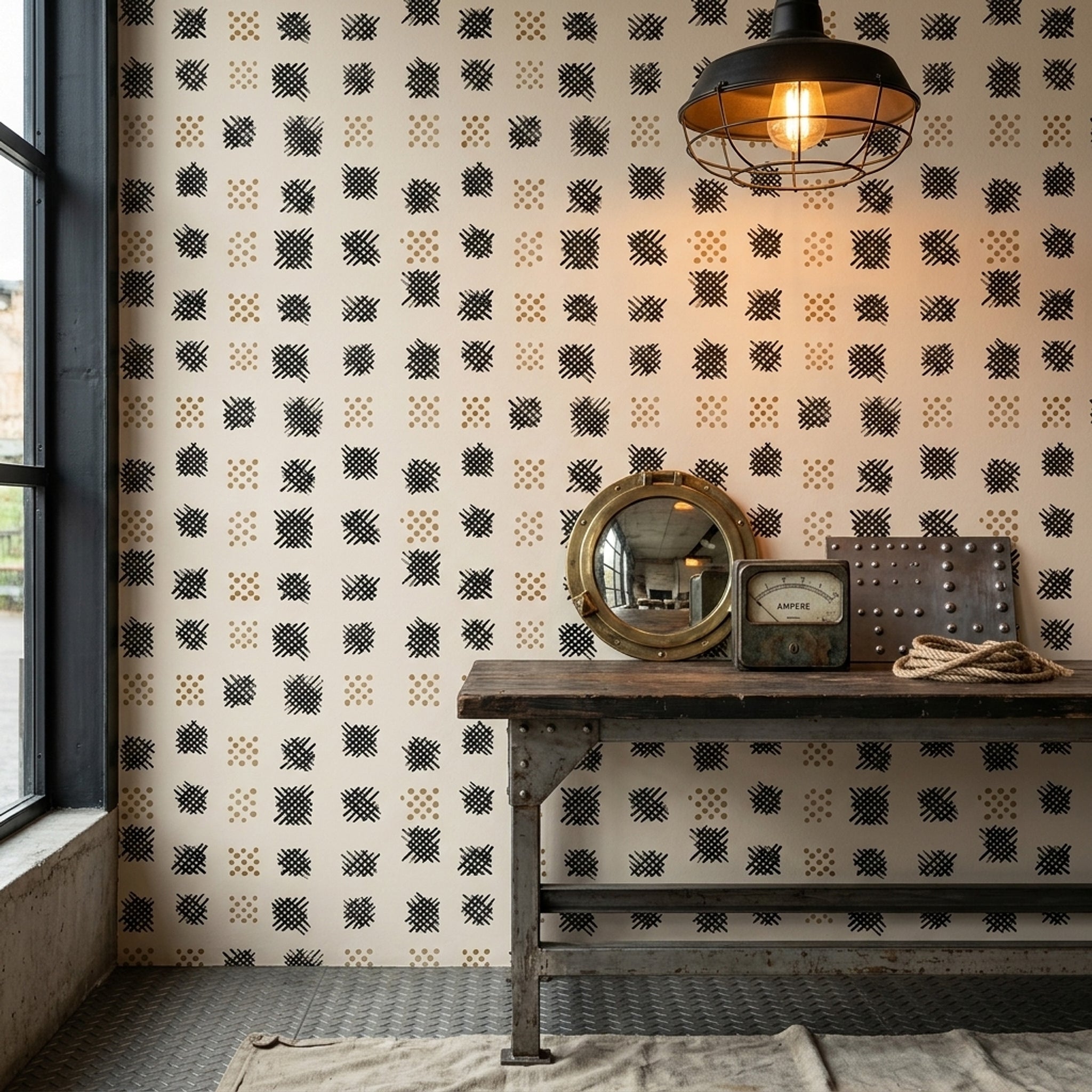 Abstract Geometric Wallpaper Hand Painted Black Crosshatch Removable Wall Decor