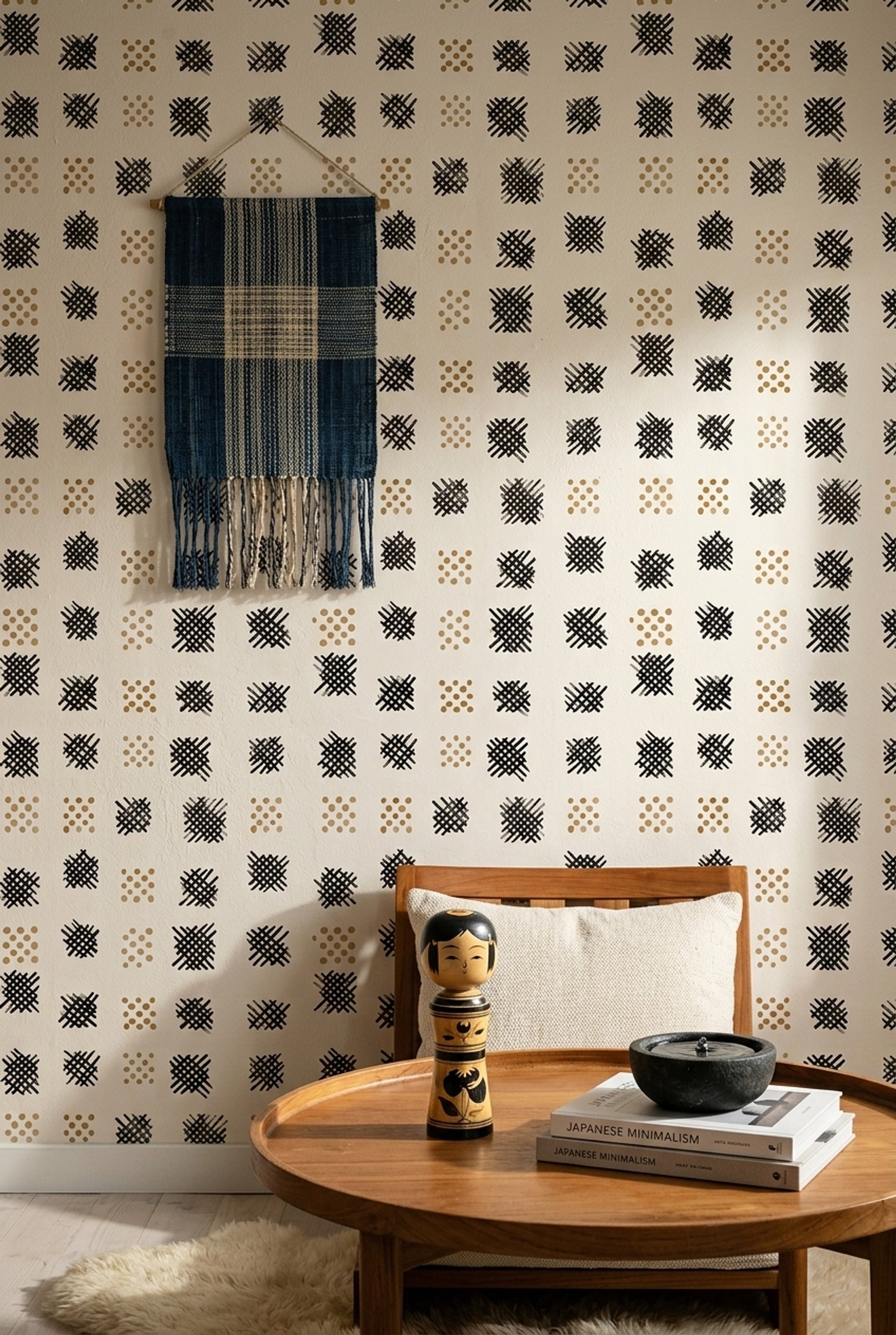 Abstract Geometric Wallpaper Hand Painted Black Crosshatch Removable Wall Decor