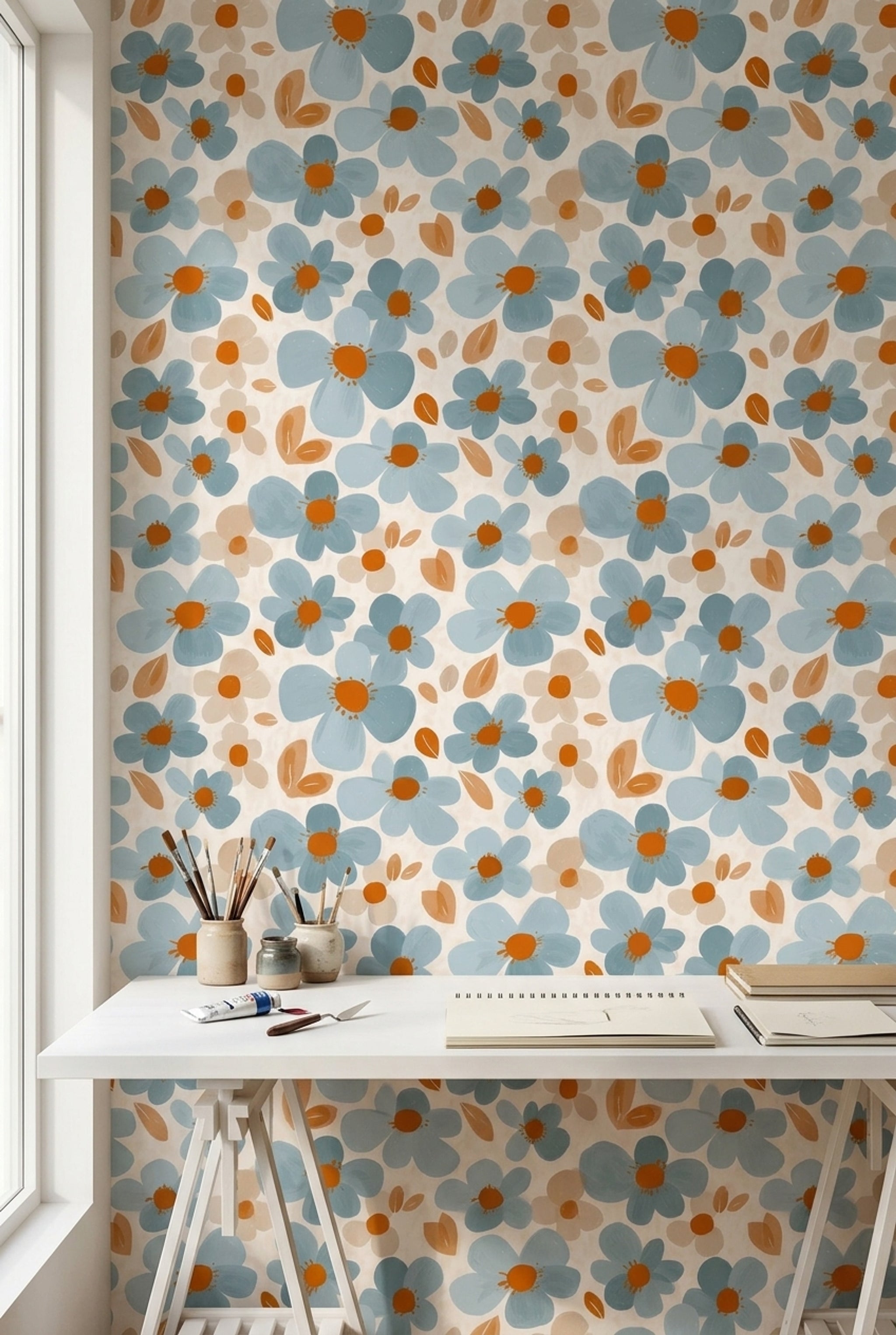 Oversized Daisies Wallpaper Dusty Blue Hand Painted Removable Wall Decor