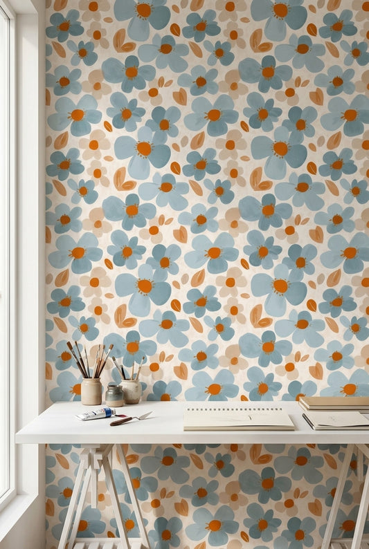Oversized Daisies Wallpaper Dusty Blue Hand Painted Removable Wall Decor
