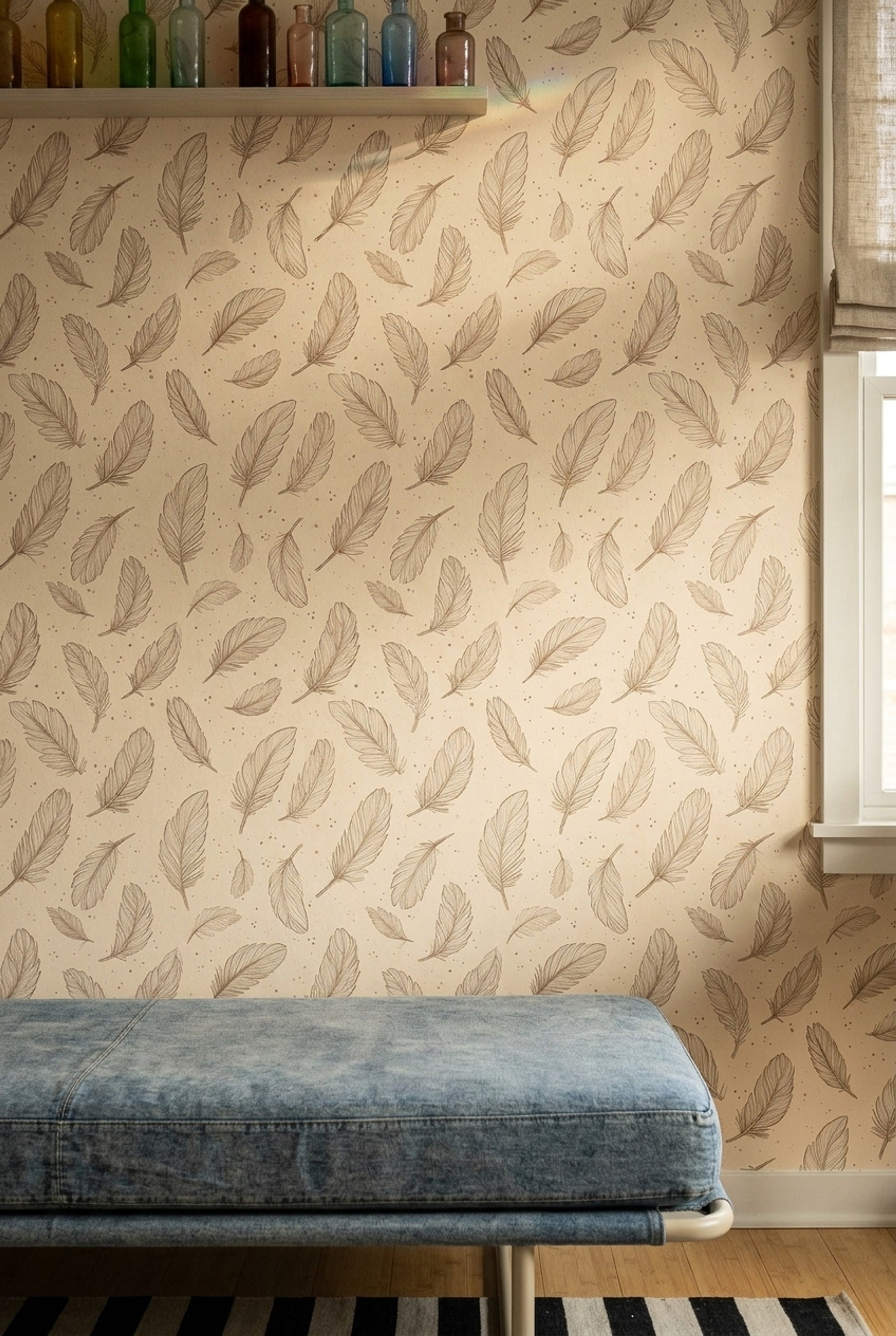 Feathers Wallpaper Line Art Beige Background Decorative Mural