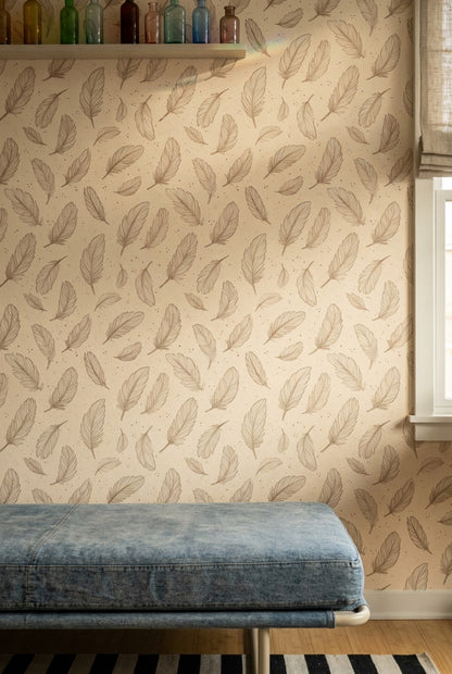 Feathers Wallpaper Line Art Beige Background Decorative Mural