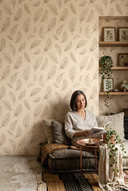 Feathers Wallpaper Line Art Beige Background Decorative Mural