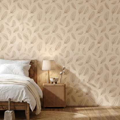 Feathers Wallpaper Line Art Beige Background Decorative Mural