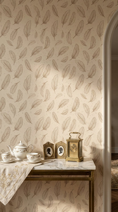 Feathers Wallpaper Line Art Beige Background Decorative Mural