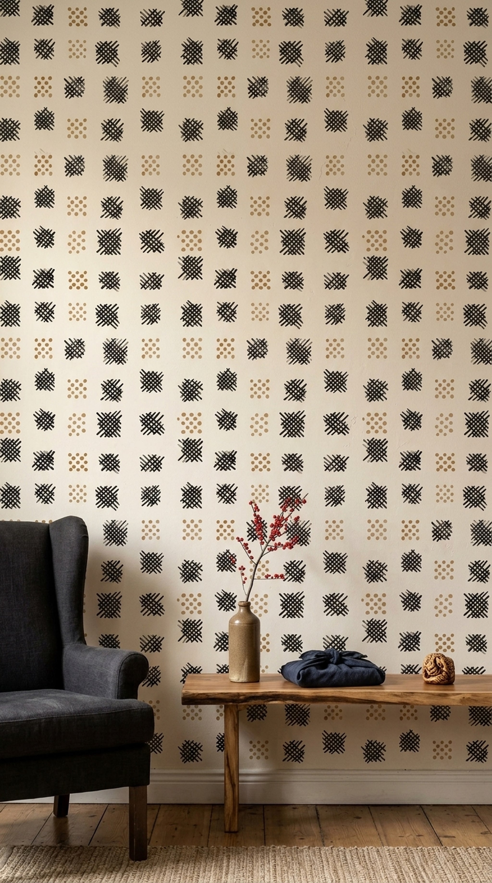 Abstract Geometric Wallpaper Hand Painted Black Crosshatch Removable Wall Decor