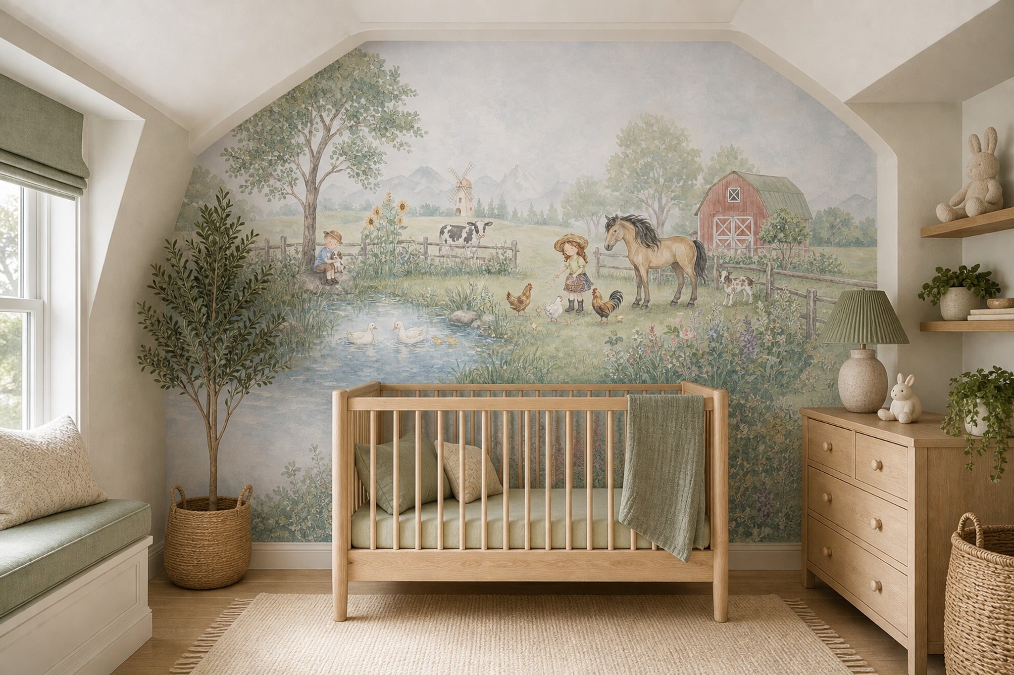 Pastoral Farm Wallpaper Watercolor Barn Wall Mural