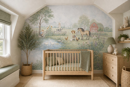 Pastoral Farm Wallpaper Watercolor Barn Wall Mural