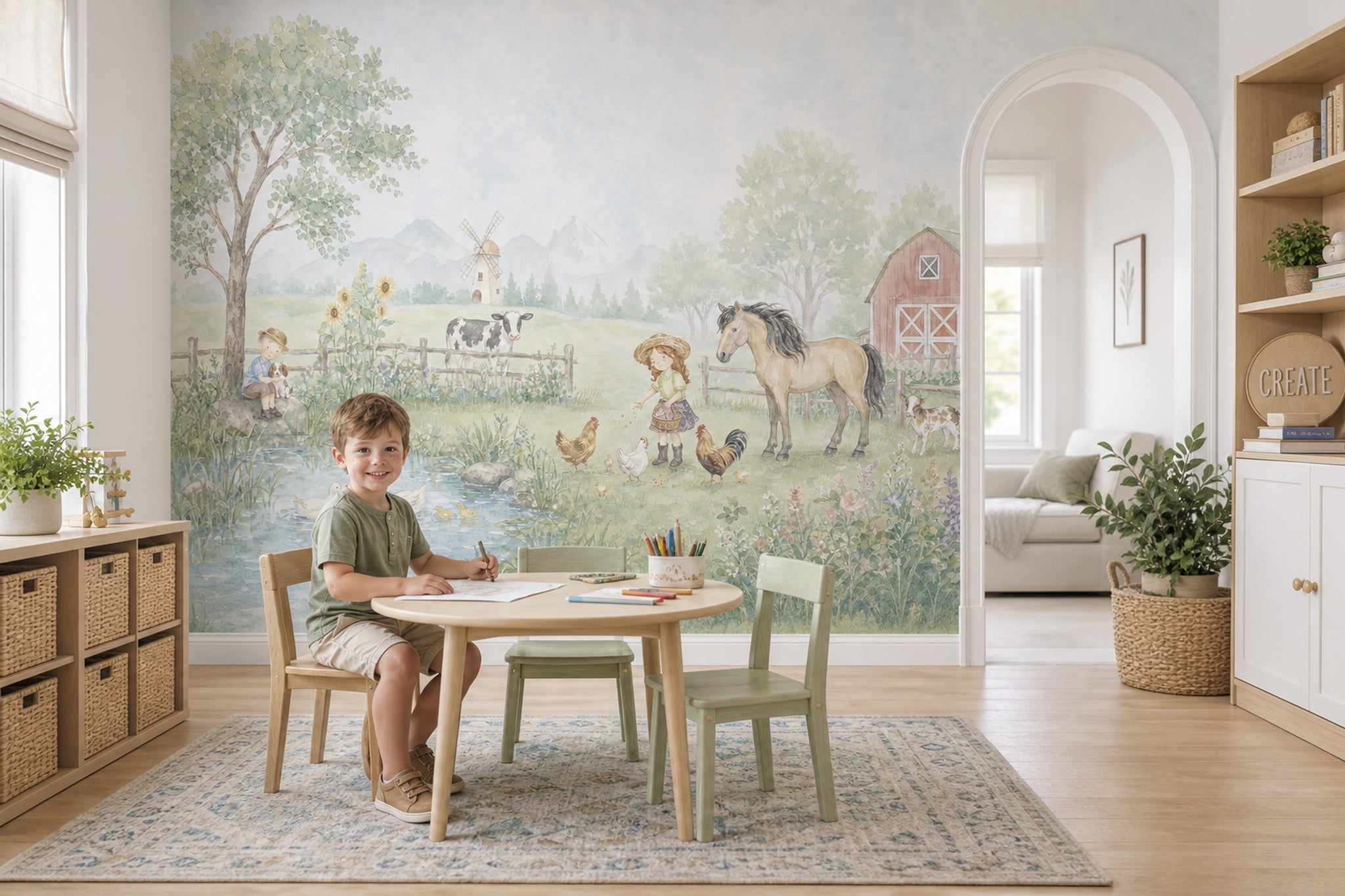 Pastoral Farm Wallpaper Watercolor Barn Wall Mural