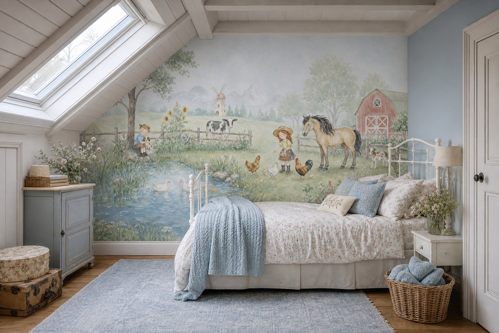 Pastoral Farm Wallpaper Watercolor Barn Wall Mural