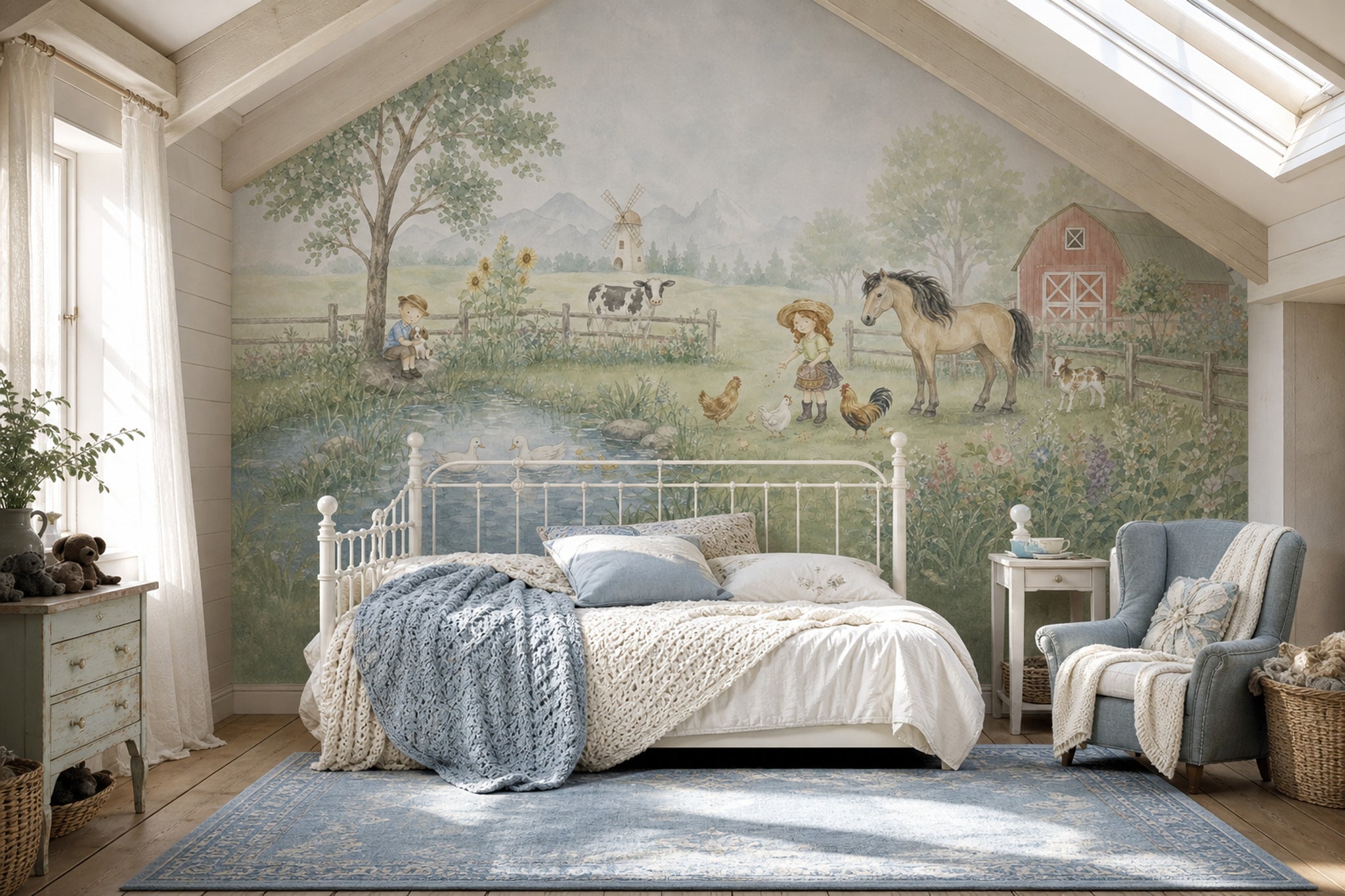 Pastoral Farm Wallpaper Watercolor Barn Wall Mural