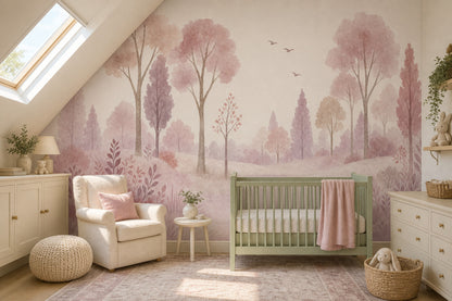 Woodland Landscape Wallpaper Watercolor Pastel Pink Wall Mural