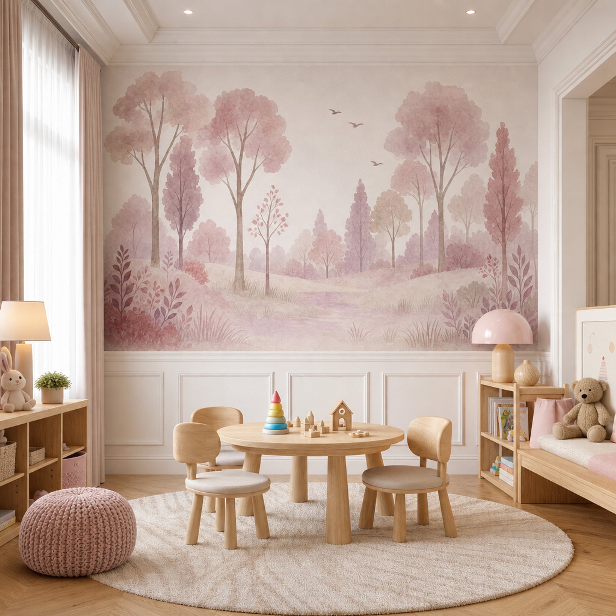 Woodland Landscape Wallpaper Watercolor Pastel Pink Wall Mural