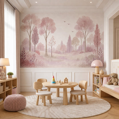 Woodland Landscape Wallpaper Watercolor Pastel Pink Wall Mural