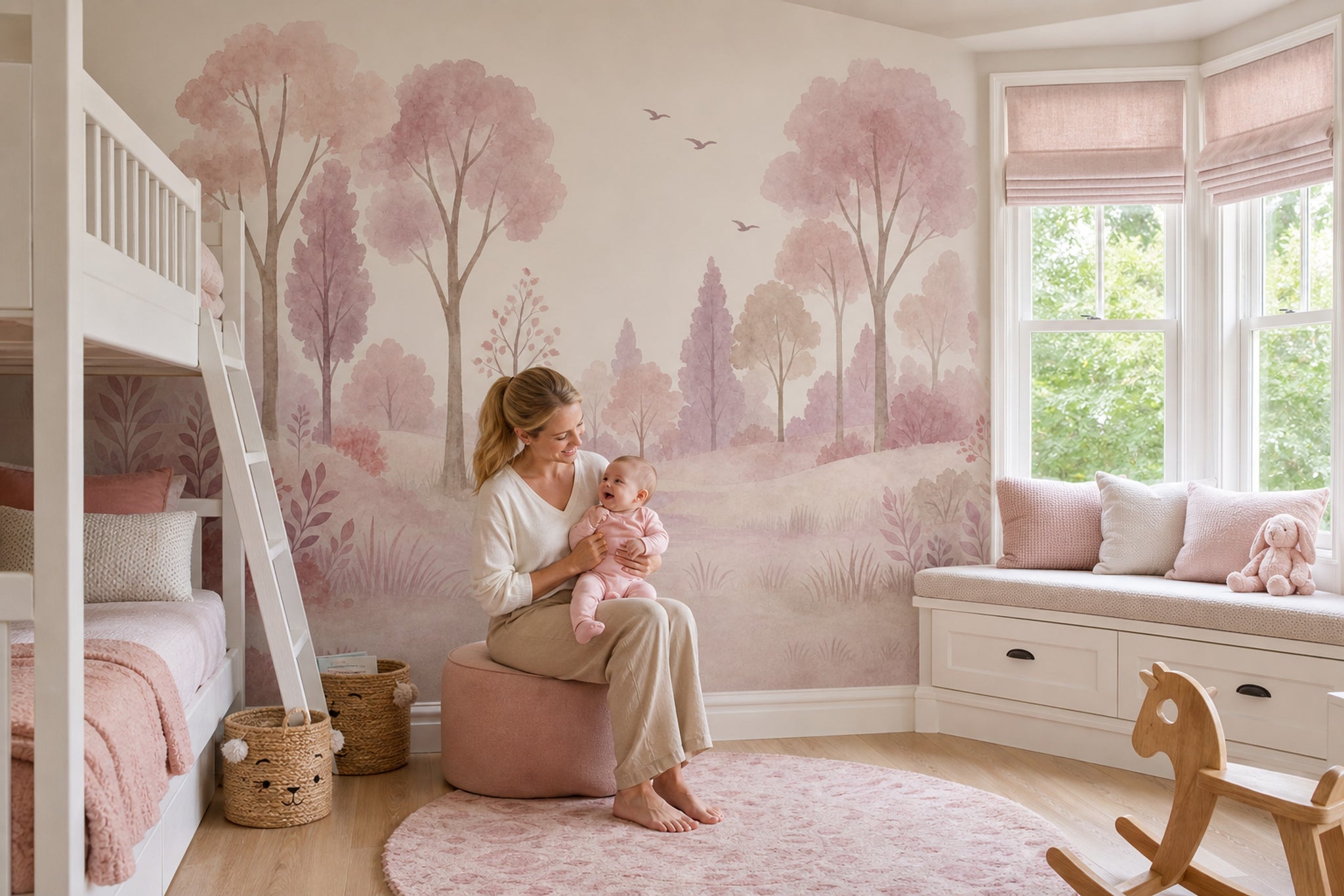 Woodland Landscape Wallpaper Watercolor Pastel Pink Wall Mural