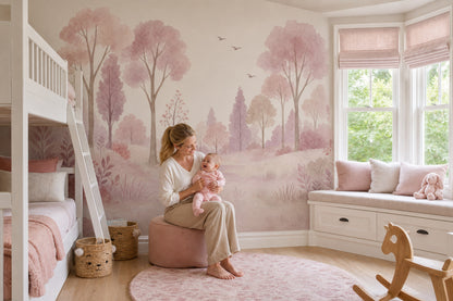 Woodland Landscape Wallpaper Watercolor Pastel Pink Wall Mural