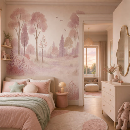 Woodland Landscape Wallpaper Watercolor Pastel Pink Wall Mural