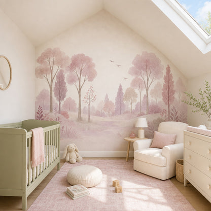 Woodland Landscape Wallpaper Watercolor Pastel Pink Wall Mural