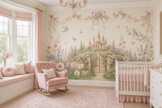 Fairy Tale Castle Wallpaper Pastel Watercolor Floral Garden Removable Wall Decor