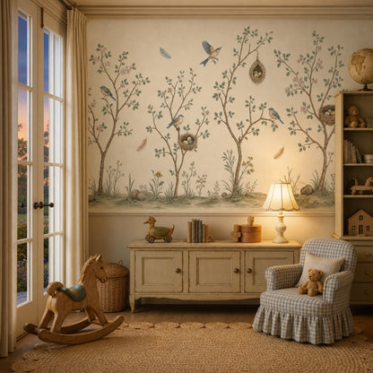 Bird And Nest Wallpaper Botanical Branches Soft Watercolor Removable Wall Decor