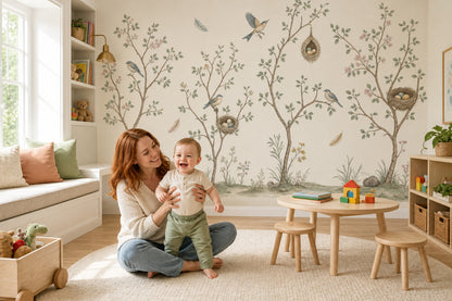 Bird And Nest Wallpaper Botanical Branches Soft Watercolor Removable Wall Decor
