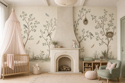 Bird And Nest Wallpaper Botanical Branches Soft Watercolor Removable Wall Decor