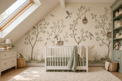 Bird And Nest Wallpaper Botanical Branches Soft Watercolor Removable Wall Decor