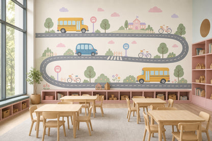 Kids Transportation Wallpaper School Bus Removable Winding Road Wall Decor