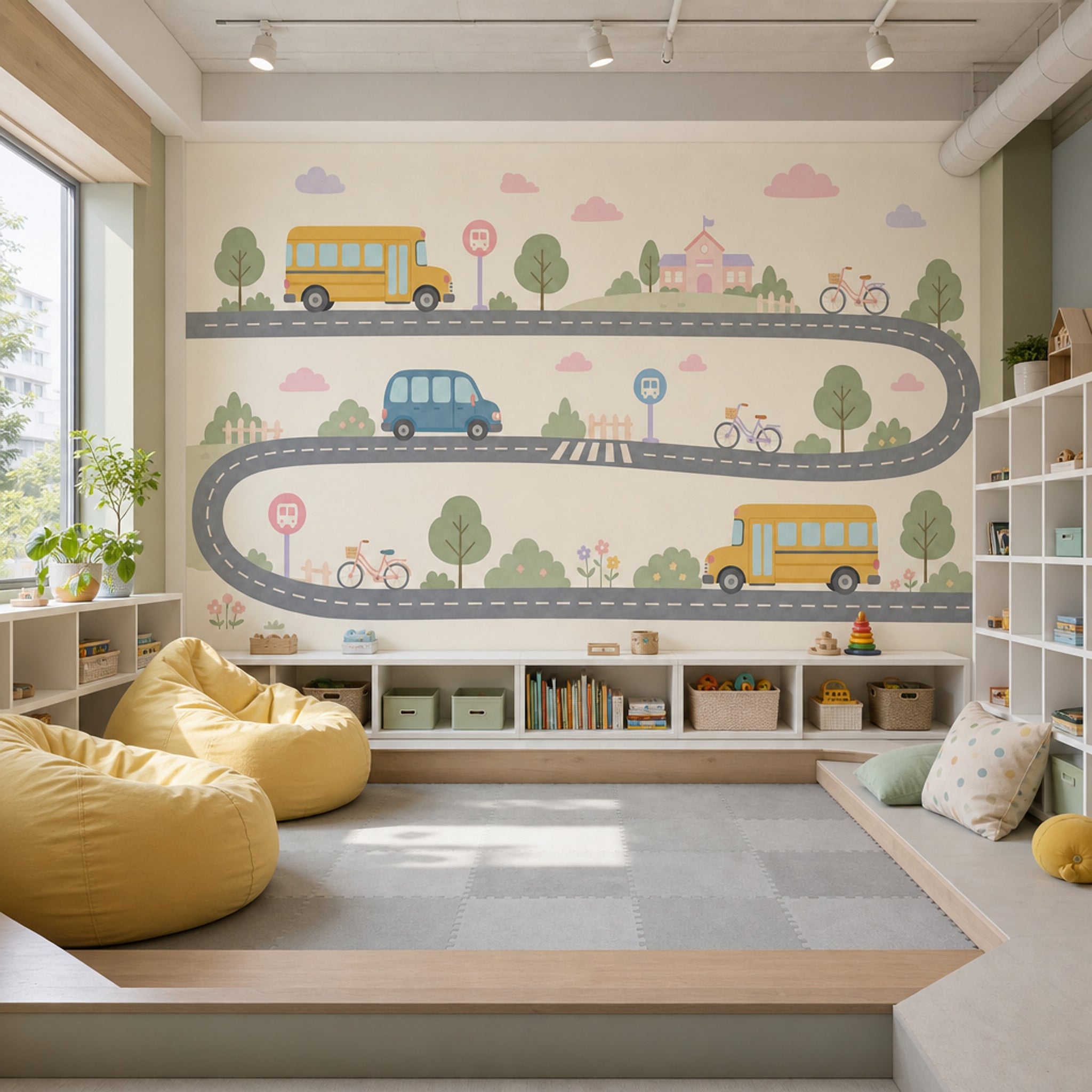 Kids Transportation Wallpaper School Bus Removable Winding Road Wall Decor