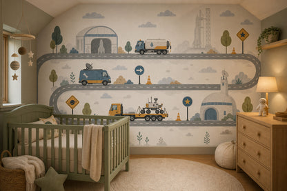 Space Theme Wallpaper Roadway Landscape Vehicles Removable Wall Decor