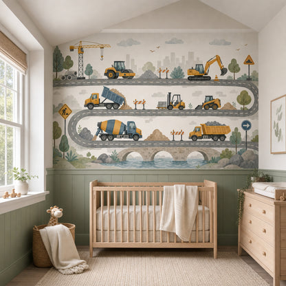 Construction Vehicles Wallpaper Roadwork Winding Road Wall Mural